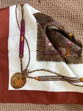Vintage White and Brown Scarf with Gold Pocket Watch Motif